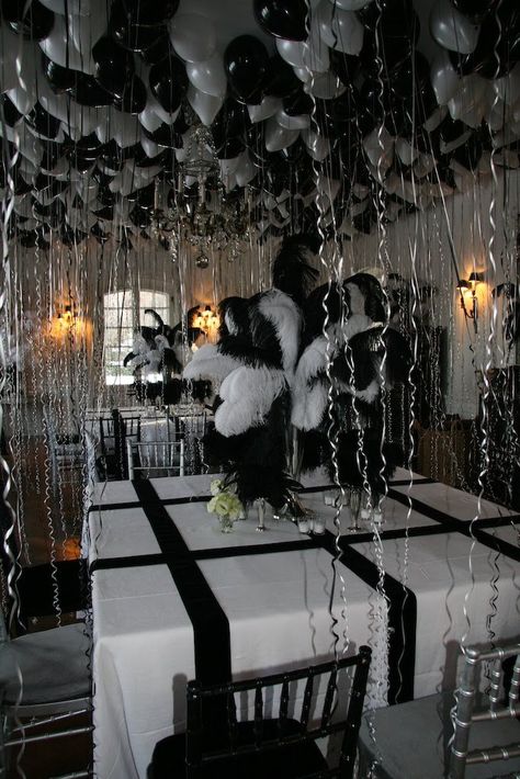 Ober, Onet & Associates: Truman Capote Black and White Themed Party Black Tie Decorations, Black And White Prom Theme, Black And White Party Aesthetic, Black And White Masquerade Party, Skeleton Birthday, Black And White Party Decorations, Reputation Tv, White Party Theme, Black And White Balloons