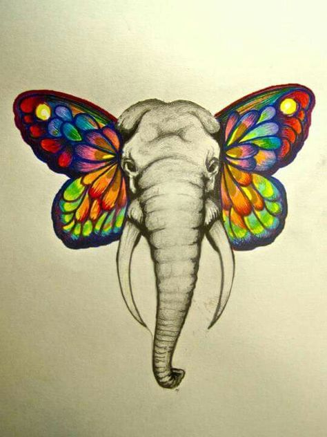 . Elephant Butterfly Ears, Elephant Butterfly, Elephant Painting Canvas, Tattoo Elephant, Neck Tattoos, Trendy Tattoo, Elephant Tattoo, Elephant Painting, Mountain Tattoo