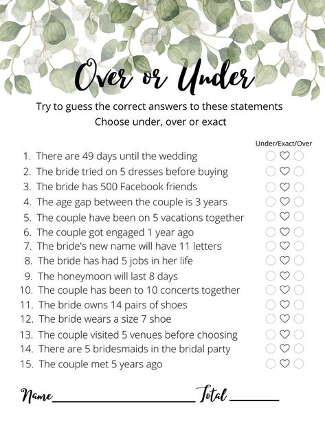 Over or Under Bridal Shower Game (Free Printable) Over And Under Bridal Shower Game Free Printable, Fun Bridal Shower Games Free Printable, Bridal Shower Tea Party Games, Bridal Shower Games Free Printables, Cookout Drinks, Free Bridal Shower Games, Bridal Party Games, Bridal Shower Bingo, Fun Bridal Shower Games