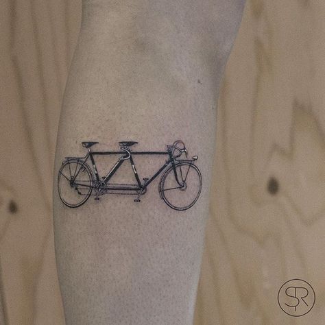 Sven Rayen | Done @studio_palermo .Anaïs for coming all the way from Paris to get tattooed ✌️ #singleneedle #tandem #bike Tandem Bike Tattoo, Tandem Tattoo, Camden Tattoo, Bicycle Tattoos, Calf Tattoos For Women, Cycling Tattoo, Bike Tattoo, Tattoo Jewelry, Wheel Tattoo