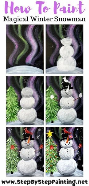 Snowman And Christmas Tree Painting, Beginner Paint Night Ideas, Holiday Paint Night Ideas, Christmas Canvas Painting Ideas Easy, Canvas Painting Ideas For Beginners Christmas, Snowman Painting Tutorial, Acrylic Painting Canvas Christmas, Beginner Christmas Painting, Christmas Paint Night Ideas Easy