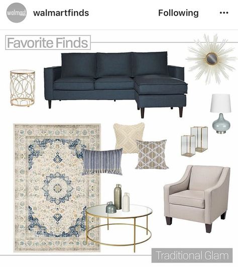 Navy And Neutral Living Room, Farmhouse Glam Decor Living Room, Traditional Living Room Mood Board, Traditional Glam Living Room, Small Traditional Living Room, Chic Farmhouse Living Room, Navy Sofa Living Room, Living Room Mood Board, Mood Board Living Room