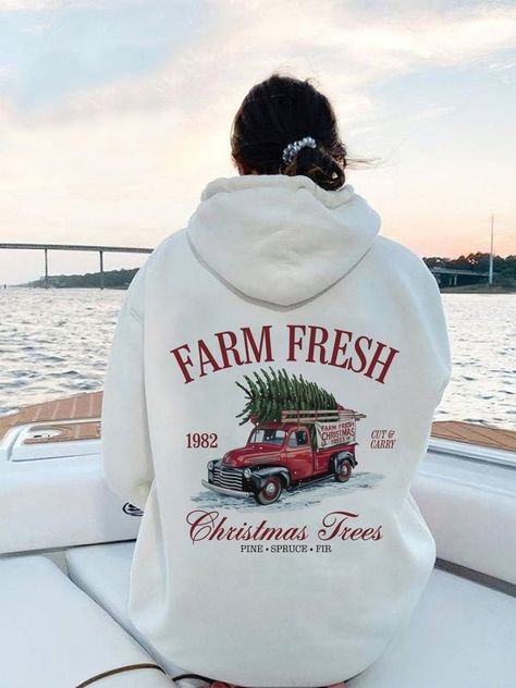 Farm Fresh Hoodie, Cozy Fall Christmas Hoodie, Christmas Hooded Sweatshirt, Cute Aesthetic Christmas Truck Hoodie, Words On Back🚜 Fresh Hoodie, Christmas Tree Hoodie, Granola Girl Aesthetic, Fall Trends Outfits, Hoodie Cozy, Vintage Hoodie, Fresh Christmas Trees, Aesthetic Hoodie, Aesthetic Christmas