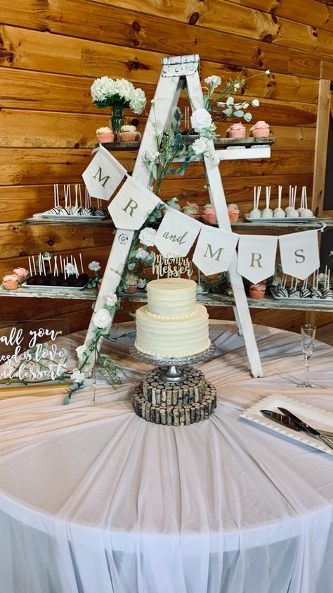 Cake Pop Stand Wedding, Diy Dessert Stand Display Wood, Wedding Cake Cupcakes Display, Dessert Ladder Wedding, Wedding Cake Table Cupcakes, Wedding Cake Table Ideas With Cupcakes, Cake Pops At Wedding, Ladder Cupcake Stand, Tiered Cupcake Display Wedding