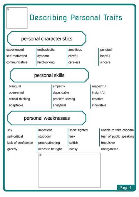 Describing Personal Traits - English ESL Worksheets for distance learning and physical classrooms Personal Skills, Personal Qualities, Ab Challenge, Good Traits, Health Signs, Descriptive Writing, Personal Identity, Sitting Position, Speaking Skills