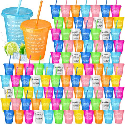 PRICES MAY VARY. Diverse Colors: these employee appreciation tumbler with lids and straws come in a whopping 12 glitter colors, with each package containing 60 cups; Each cup holds around 17 oz, ideal for various types of beverages such as juice, iced coffee, beer, and milk Inspirational Messages: quoted with warm, encouraging words, these employee appreciation cups go beyond their utility to deliver positivity and strength; Imprinting your gratitude and blessings, these cups serve as sweet, tho Honor Roll Gifts For Students, Associate Appreciation Ideas, Staff Appreciation Ideas, Employee Appreciation Ideas, Employee Appreciation Board, Plastic Cups With Lids, Sunshine Committee, Teacher Morale, Lemonade Bar