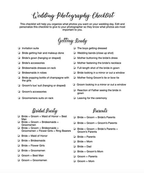 Download our free comprehensive wedding photography checklist to give to your photographer so they know what photos are most important to you on your wedding day. Wedding Day Photo List, Photographer Checklist, Wedding Photographer Checklist, Wedding Photo Checklist, Photography Checklist, Photo Checklist, Wedding Shot List, Wedding Photography Checklist, June Wedding