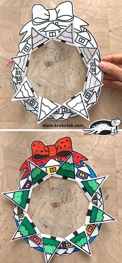 krokotak | Christmas wreath Christmas Art 5th Grade, 5th Grade Christmas Crafts, Homeschool Christmas, Božićni Ukrasi, Juleverksted For Barn, Christmas Art Projects, Directed Drawing, Christmas Activity, Nativity Crafts