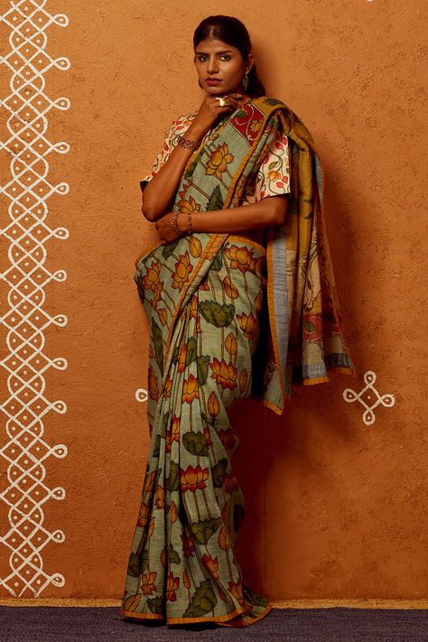 Kalamkari Designs, Kalamkari Blouse, Tussar Saree, Saree Painting, Floral Print Sarees, Chanderi Saree, Khadi Saree, Bridal Lehenga Collection, Indian Saree Blouse