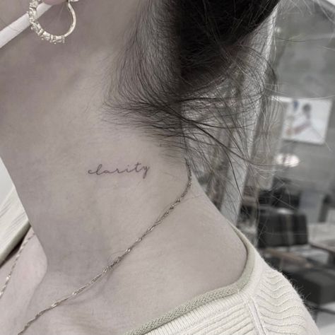 Script On Neck Tattoo, Small Word Neck Tattoos For Women, Script Neck Tattoo, Dainty Neck Tattoo, Word Neck Tattoos, Small Dope Tattoos, Small Words Tattoo, Aesthetic Tattoo Ideas, Small Neck Tattoos