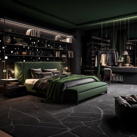 Step into this luxurious bedroom where dark tones meet rich green accents for the ultimate in modern sophistication. The plush textures and sleek design make this space perfect for relaxation and style. 💚🖤 Could you see yourself winding down in this cozy haven? Let me know what you love most! #BedroomGoals #LuxuryBedroom #GreenAndBlack #ModernInterior #CozyVibes #InteriorDesignInspo #ElegantSpaces #HomeDecor #PlushInteriors #DesignInspiration #DreamBedroom #InteriorGoals #ContemporaryLiving ... Modern Cozy Bedroom, Green Bed, Black Interior Design, Black Room, Black Bedroom, Luxurious Bedroom, Green Bedding, See Yourself, Bedroom Goals