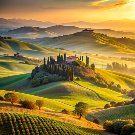 Scenic Tuscany landscape at sunrise Val d Orcia Italy Scenic Tuscany landscape with rolling hills and valleys in golden morning light Val d Orcia Italy | Premium AI-generated image Golden Morning, Tuscany Landscape, Hills And Valleys, Free Business Card Mockup, Poster Maker, Video Background, Card Banner, Poster Invitation, Rolling Hills