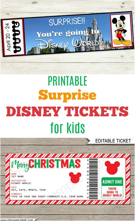 Disney World and Disneyland surprise trip reveal ideas -- Give your kids a Christmas gift that says. "We are going to Disney!" These fun printable tickets from Etsy are the perfect way for families to make a vacation announcement. Disney Vacation Surprise, Disney Trip Reveal, Disneyland Surprise, Surprise Trip Reveal, Disney Trip Surprise, Disney Reveal, Disney Surprise, Surprise Vacation, Printable Tickets