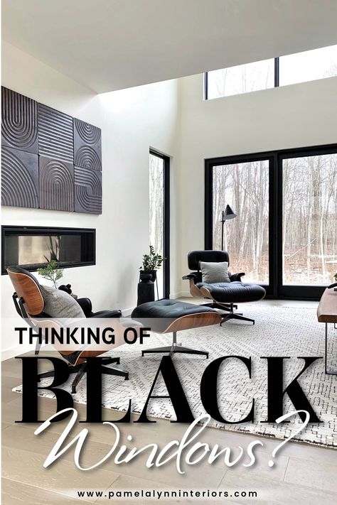 Dark Windows Interior, Pros And Cons Of Black Windows, Black Trimmed Interior Windows, Bedrooms With Black Windows, White Window Frames Interiors, Black Marvin Windows, White Living Room With Black Trim, Curtains For Black Windows, Black Inside Windows