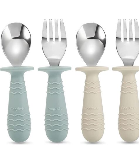 PandaEar 4 Pack Toddler Baby Cutlery Self Feeding Set, Silicone Stainless Steel Utensils Silverware Spoon Fork, 12 Months Plus, with Silicone Holding anti choke Design (Morandi Green & Milky White) Silicone Utensils, Toddler Utensils, Steel Utensils, Baby Utensils, Stainless Steel Utensils, Baby Spoon, Stainless Steel Cleaning, Spoon Fork, Stainless Steel Flatware