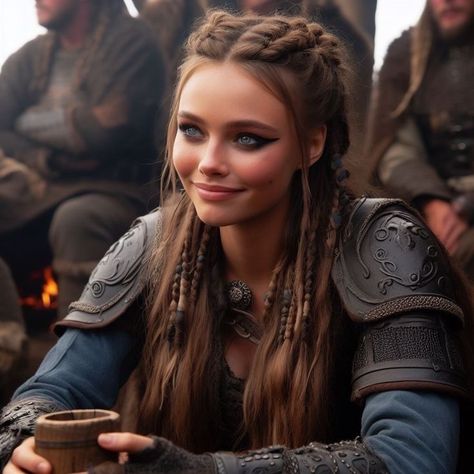 Viking Hairstyle, Warrior Braid, Viking Makeup, Viking Warrior Woman, Medieval Hairstyles, Viking Braids, Fair Outfits, Viking Women, Viking Hair