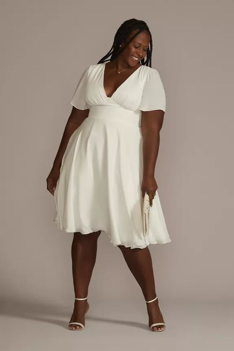 Elopement Dress Casual Plus Size, Casual Wedding Dress Plus Size Short, Davids Bridal Plus Size Wedding Dress, Simple Courthouse Wedding Dress Casual, City Hall Wedding Dress Plus Size, Plus Size Rehearsal Dinner Dress, Plus Size Bridal Shower Outfit, Plus Size Short Wedding Dress, Courthouse Wedding Dress Plus Size