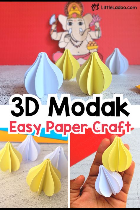 3D Paper Modak Craft Ganesha Modak Craft, How To Make Modak With Paper, Ganesh Chaturthi School Decoration, Ganesha Modak Drawing, Ganesha Craft For Preschoolers, Ganesh Chaturthi Board Decoration Ideas, Ganesh Chaturthi Craft Ideas, Ganesh Paper Craft, Ganesh Craft Ideas