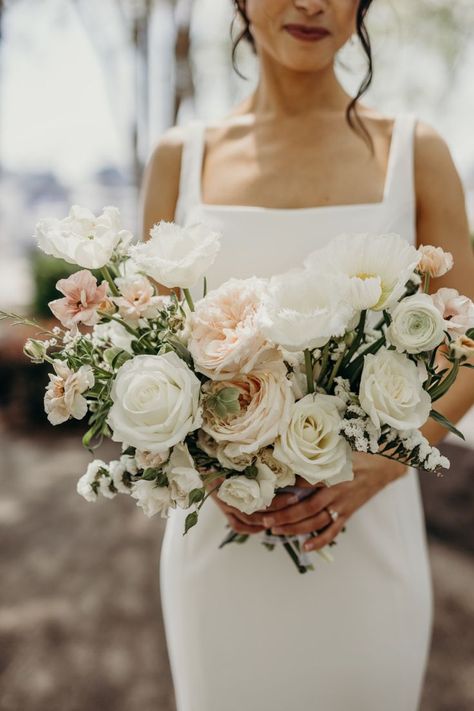 White Garden Style Bouquet, Light Pink Bridal Bouquet, Light Pink Bouquet, Garden Style Bouquet, We Are Over The Moon, Pink Green Wedding, Blush Bouquet Wedding, Blush Bridal Bouquet, Neutral Wedding Flowers