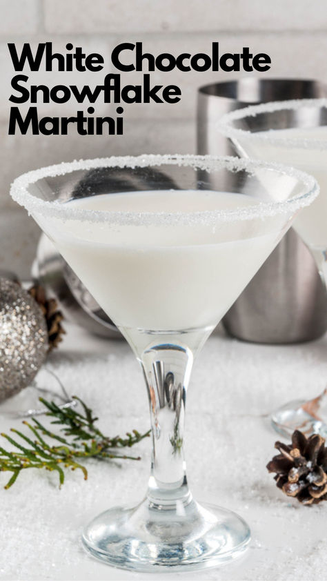 White Chocolate Snowflake Martini White Chocolate Snowflake Martini, Frozen Chocolate Martini, Hot Cocoa Martini, White Chocolate Liquor Drinks, Snow Themed Cocktails, White Chocolate Liqueur Recipes, Festive Martinis, Snowflake Martini Recipe, Winter Cocktail Ideas