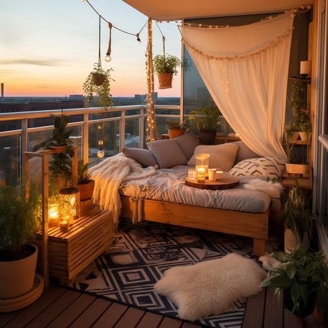 Bohemian Patio Ideas, Wooden Balcony, Condo Balcony, Small Patio Design, Bohemian Patio, Big Balcony, Backyard Patio Deck, Balcony Design Ideas, Small Balcony Design