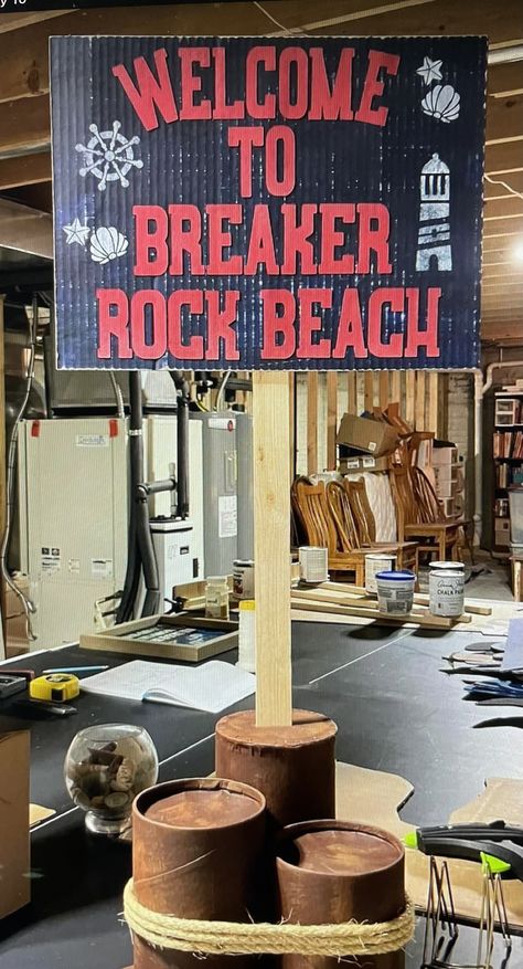 Beach Theme Vbs, Pallet Breaker, Breaker Rock Beach, Church Interior Design, Rock Beach, Vbs 2024, Vbs Crafts, Church Interior, Sign Post