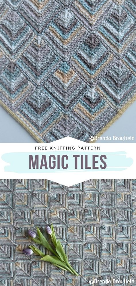 Magic Tiles Free Knitting Pattern What a magical knitted throw! We love the retro vibes and the charming elegance of these tiles. The neutral, fashionably washed-out colors are so versatile. Will they suit your living room? The tiles are knitted together and that means no sewing at all! #knitblanket #knitthrow #freeknittingpattern Knit Afghan Patterns, Colorful Tiles, Applique Templates, Colourful Tile, Knitted Afghans, Hand Crochet Baby Blanket, Free Knitting Patterns, Afghan Patterns, Easy Knitting Patterns