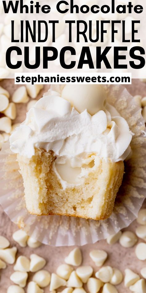 White Chocolate Truffle Cupcakes, White Chocolate Cupcake Filling, Cupcakes White Chocolate, White Chocolate Lindt Cupcakes, Vanilla Cupcake With Filling, White Filled Cupcakes, Baking White Chocolate, Lindt Truffle Cupcakes, Decadent Cupcakes Recipes