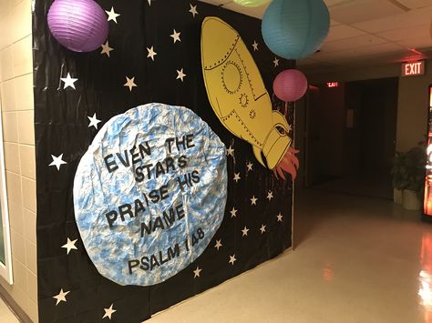 Galactic Starveyors VBS 2017 Broadway Baptist Church Vbs Space Theme, Space Theme Crafts, Space Theme Decorations, Galactic Starveyors Vbs 2017, Vbs Space, Space Theme Classroom, Fellowship Hall, Space Classroom, Outer Space Theme