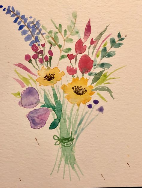 Vase With Wildflowers, Watercolor Bunch Of Flowers, Watercolour Bunch Of Flowers, Flower Bouquet Drawing Watercolor Print, Painted Flower Bouquets, Watercolor Flower Bouquet Simple, Flower Bouquet Painting Easy, Bunch Of Flowers Painting, Bouquet Of Flowers Watercolor