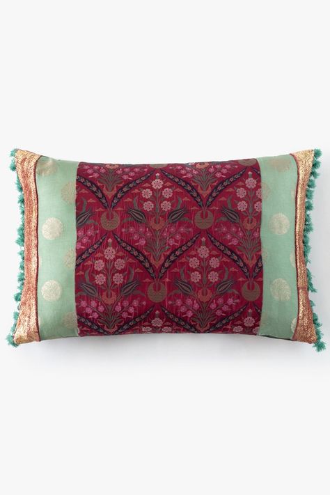 Guldasta Silk Brocade Cushion (Cerise) Brocade Pillow Covers, Diwali 2024, Gold Leafing, Diwali Decor, Silk Cushions Covers, Apple Blossoms, Good Earth, Patchwork Cushion, Fabric Textures