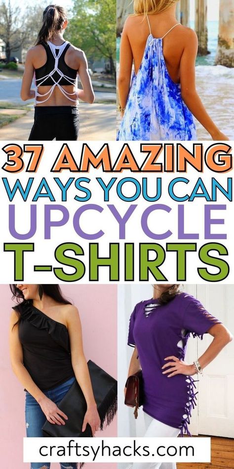 If you are looking to create more sustainable clothes for your wardrobe you need to see these amazing DIY t-shirt ideas. You can easily have lots of fun creating any of these stylish t-shirt DIY projects. Upcycle Large Tshirts, Tshirt To Dress Diy No Sew, T Shirt Refashion Diy No Sew, Upcycling Old T Shirts, T Shirt Restyle, Redo Tshirts Ideas, How To Shorten A Tshirt No Sew, T Shirt Repurpose, Upcycled Tshirts Diy