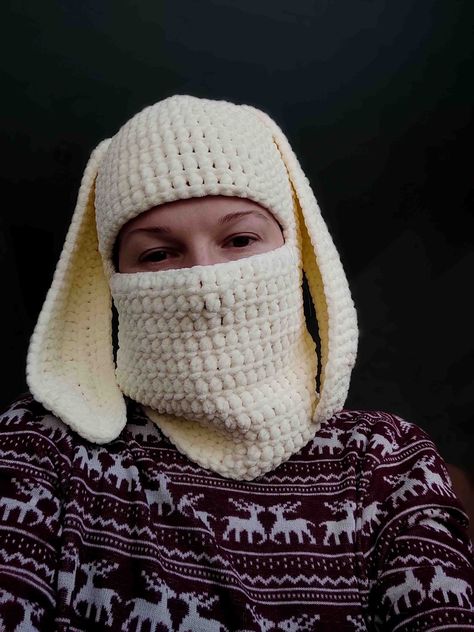 Bunny Balaclava White | VETKA Bunny Balaclava Crochet, Crochet Balaclava Pattern, Bunny Balaclava, Yoda Ears, Balaclava Pattern, Crochet Balaclava, Beauty Fair, Fair Isle Hat, Chicken Pattern