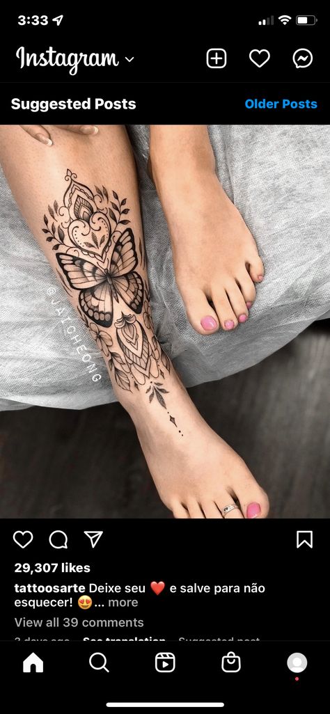 Mandala Foot Tattoo, Butterfly Mandala Tattoo, Butterfly Leg Tattoos, Tattoo Papillon, Calf Tattoos For Women, Flower Leg Tattoos, Shin Tattoo, Anklet Tattoos, Foot Tattoos For Women