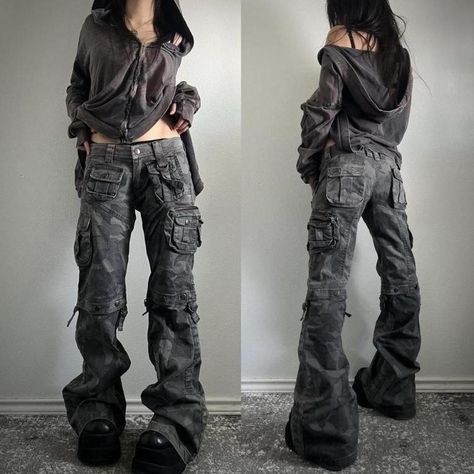 denim ISO REPOST Let me know if you have pieces like... - Depop Flared Cargo Pants, Camo Cargo Pants Outfit, Emo Pants, Camo Cargos, Flares Outfit, 2000s Emo, Lovecore Aesthetic, Grunge Y2k, Camo Cargo Pants