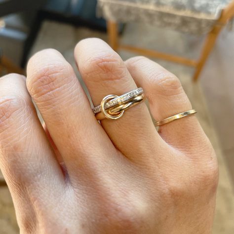 "14KGF Gold Multi Link Connected Ring, Chunky Gold Ring, Gold Ring Set, Eternity Statement Ring, Maximalist Ring, Interlocking Ring, Perfect Graduation Gift , 1/20 14K Stamped Please Note: Our gold filled rings may have a visible solder mark and it may be brighter than the ring as we use 14k gold for soldering. This is not a Quality Issue but limitation and nature of materials & process we use to make handmade jewelry. We gently polish our jewelry so that the 14k gold layer stays intact and the jewelry lasts longer. We are very sorry, we will NOT be able to accept any returns in this regard. Thank you for your understanding and supporting our small business. *One of 14k gold filled ring : 2.6mm(10 ga) half round band. Stamped 14KGF mark   *One 925 silver eternity ring : 1.5mm full eternity Cool Rings Women, Chunky Wedding Stack, Cute Chunky Rings, Baguette Ring Stack, Gold Ring Stacking Ideas, Yellow Gold Ring Stack, Minimalist Rings Stacking, Birthstone Ring Stack, Dainty Ring Stack