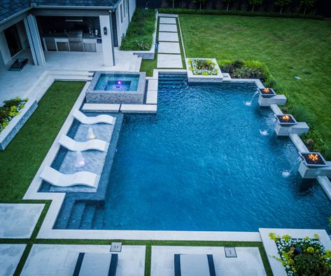 Modular Pool Ideas, Pool With Swim Lane, Pool Designs For Large Backyards, Hot Tub Separate From Pool, Rectangular Pool With Slide, Pool Floor Colors, Swimming Pool Backyard Ideas, Custom Pool Designs, Pool Stairs Inground