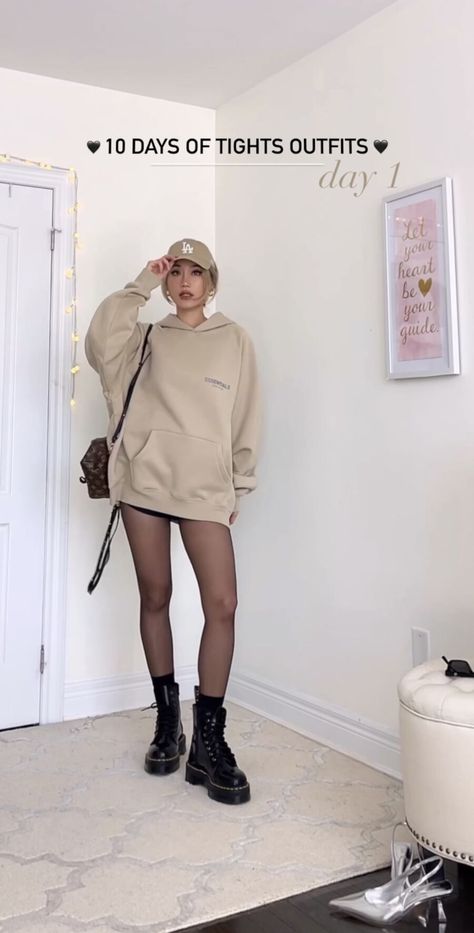 Hoodie Dress Outfit With Sneakers, Sheer Tights Outfits, Hoodie And Tights Outfit, Big Tights Outfit, Lv Palm Springs Mini Outfit, Black Tights Outfit Casual, Sheer Black Tights Outfit, Tights Outfits Casual, Tights With Sneakers