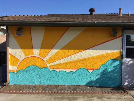 Mural Outside Of House, Easy Outdoor Mural Ideas Diy, Pool Mural Outdoor Wall Art, Pool Wall Painting Ideas, Corner Sun Wall Mural, Boho Murals Wall Art, Abstract Outdoor Mural, Yard Wall Painting Ideas, Patio Wall Paint Ideas