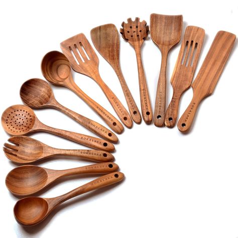 PRICES MAY VARY. ✔【12-Piece Wooden Spoon set 】Wooden kitchen utensils set includes wok spatula,slotted spatula,frying spatula,filter spoon,soup spoon,seasoning spoon,salad fork,rice spoon,oil spoon,spaghetti spoon,large spurtle,slotted spurtle.They are various functions and wide use,and whether you're flipping food, making sauces or serving dishes, this wooden spoons for cooking will serve exactly any cooking need you have in the kitchen. ✔【100% Natural Teak Wood】Wooden utensils for cooking is m Wooden Cooking Utensils Set, Spoon Salad, Wooden Utensils Set, Wooden Cooking Utensils, Kitchen Utensils Set, Wooden Kitchen Utensils, Wood Utensils, Natural Teak Wood, Wooden Spatula