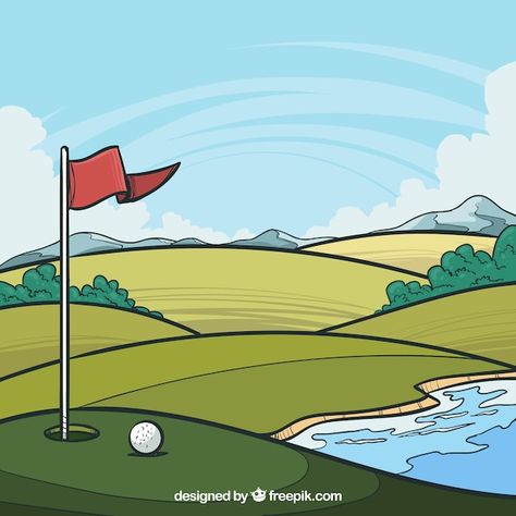 Free vector golf course background in ha... | Free Vector #Freepik #freevector #golf-flag #golf-hole #golf-background #golf-course Golf Cartoon Drawing, Golf Drawing Easy, Golf Animation, Golf Painting Easy, Golf Course Drawing, Golf Backgrounds, Golf Silhouette, Golf Illustration, Golf Drawing