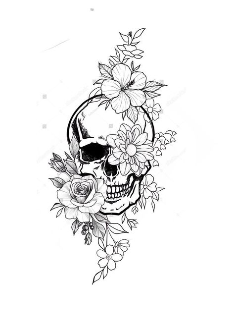 Dark Girly Tattoo Ideas, Skeleton With Roses Tattoo, Leg Skull Tattoos Women, Skull Tattoo Leg Woman, Simple Skull And Flower Tattoo, Skeleton Sleeve Tattoo Women, Floral Tattoo Ideas Female, Skull Thigh Tattoos For Women, Womans Skull Tattoos