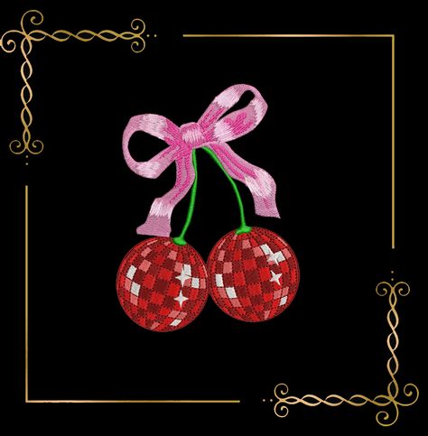 Cherries with a bow,  in the style of disco mirror ball  1 Sizes  embroidery design by Embroiderykarfiol on Etsy Disco Mirror, Mirror Ball, Sew On Patches, Embroidery Machine, Embroidery Design, Machine Embroidery, Digital Design, Embroidery Designs, Create Yourself