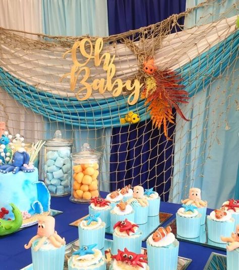 Coastal Theme Baby Shower Ideas, Sea Creature Baby Shower Ideas, Under The Sea Baby Shower Decorations, Sea Animal Baby Shower Ideas, Underwater Baby Shower Theme, Fish Themed Baby Shower Ideas, Sea Life Baby Shower Ideas, Ocean Baby Shower Ideas, Ocean Theme Baby Shower Ideas