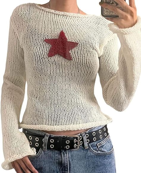 Women Vintage Long Sleeve Knit Crop Top Y2k Star Print Bodycon Sweater Fairy Grunge Crew Neck T Shirt Fall Jumper Top at Amazon Women’s Clothing store Oda Aesthetic, Fitted Knit Sweater, Grunge Sweaters, 2000s Sweater, Knitted Cropped Sweater, Knitted T Shirt, Fall Long Sleeve Shirts, Crochet Quilt Pattern, Autumn Jumpers