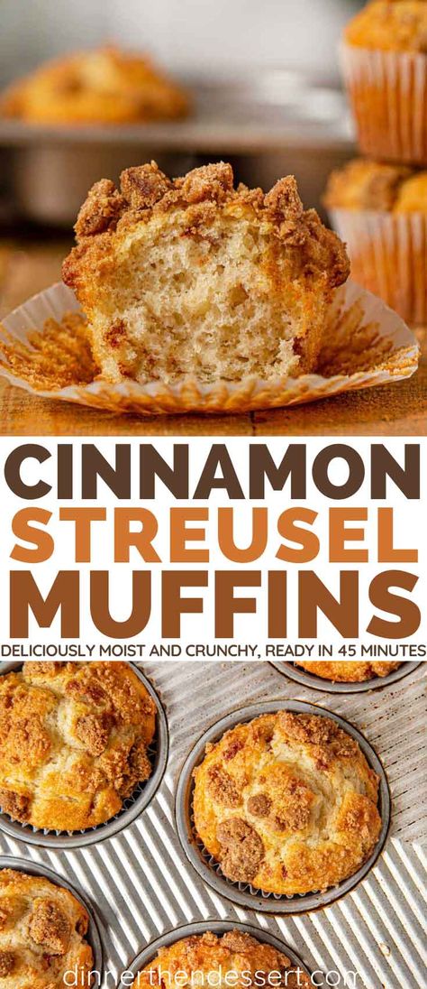 Cinnamon Streusel Muffins are deliciously?moist vanilla cinnamon cakes topped with a crumble made of brown sugar and more cinnamon. #muffins #breakfastmuffins #dessert #streusel #cinnamonstreusel #dinnerthendessert Cinnamon Cakes, Pancakes Cinnamon, Muffins Cinnamon, Dessert Cinnamon, Cinnamon Streusel Muffins, Cinnamon Desserts, Cake Cinnamon, Bread Cinnamon, Rolls Homemade