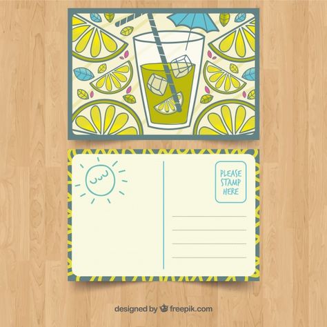 Hand drawn summer card template with lemonade Free Vector Post Card Design Illustration, Back Of Postcard Design, Cute Postcard Design, Post Card Design Aesthetic, Postcard Back Design, Post Cards Ideas, Postal Card Design, Post Card Design Creative, Postcard Art Ideas