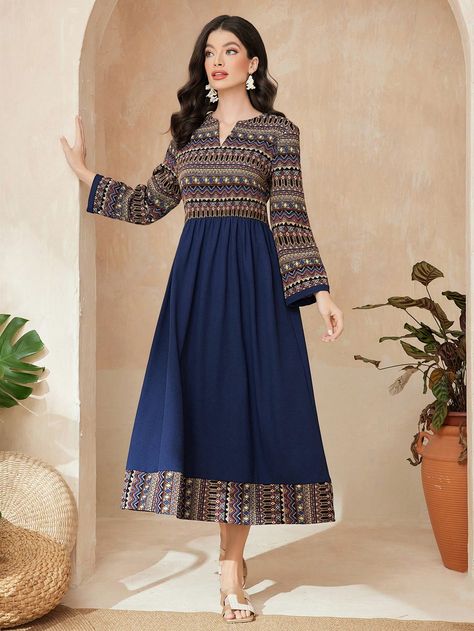 Multicolor Boho Collar Long Sleeve Woven Fabric Geometric,Tribal A Line Embellished Non-Stretch  Women Clothing Suit Neck Designs, Trendy Dress Styles, Style Vert, Cute Dress Outfits, Long Dress Casual, Long Sleeve Print Dress, Designs For Dresses, Long Dresses, Trendy Dresses