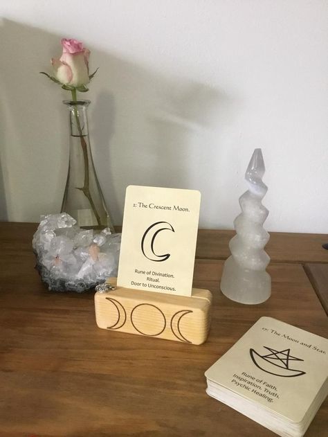 Double sided Oracle Card stand Tarot Card Holder | Etsy Tarot Card Display Ideas, Clay Tarot Card Holder, Tarot Card Holder, Psychic Healing, Card Stand, Triple Moon, Sun Designs, Word Design, Faith Inspiration