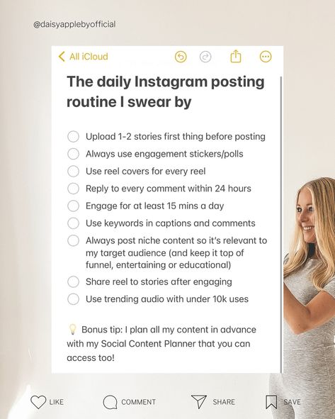 Get a routine that will actually keep you in check if you’re looking to see consistent growth 🚀 • Upload 1-2 stories first thing before posting • Always use engagement stickers/polls • Use reel covers for every reel • Reply to every comment within 24 hours • Engage for at least 15 mins a day • Use keywords in captions and comments • Always post niche content so it’s relevant to my target audience (and keep it top of funnel, entertaining or educational) • Share reel to stories after engaging... Engaging Instagram Story Ideas, Engagement Stickers, Spa Things, Ugc Tips, Career Building, Esthetician School, Facebook Engagement, Social Media Planning, Social Media Marketing Content